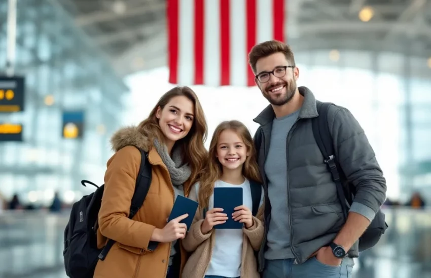 Família em aeroporto segurando passaportes, com bandeira dos EUA ao fundo.