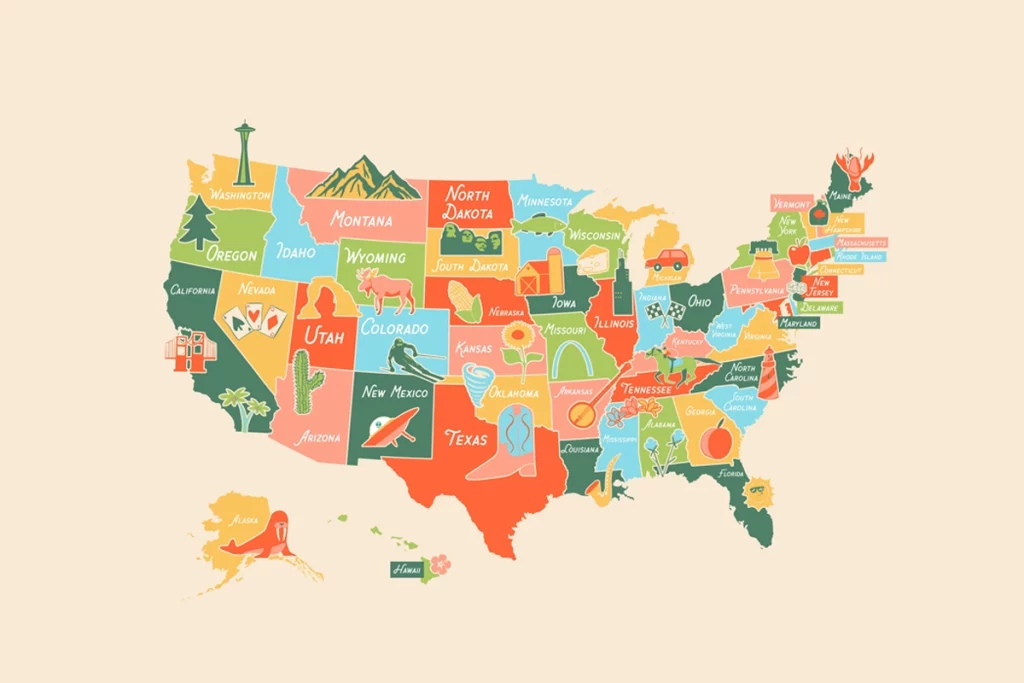 mapa ilustrado dos estados unidos