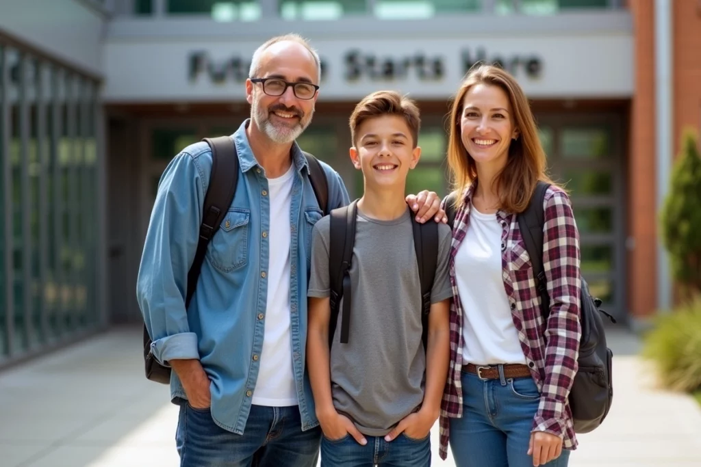 Jovem estudante com mochila ao lado dos pais e uma placa indicando "Future Starts Here".