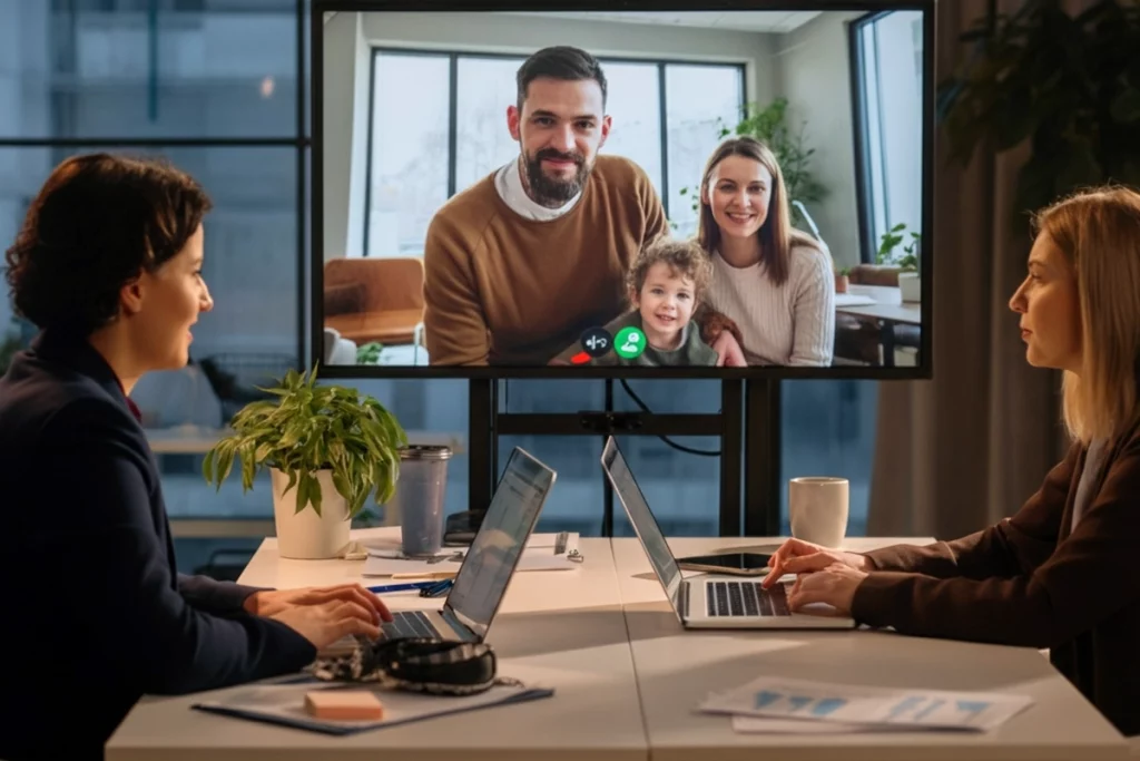 Equipe de especialistas em uma videochamada com uma família, representando o suporte personalizado.