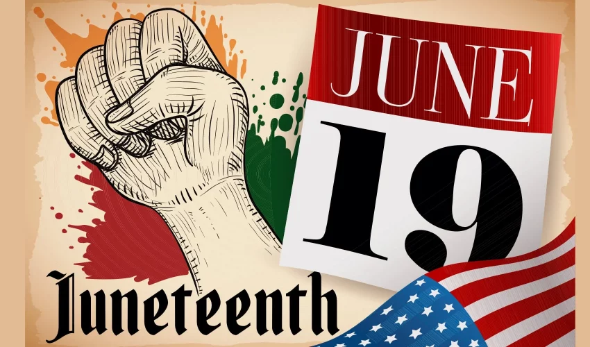 Bandeira do Juneteenth e pessoas comemorando o feriado americano da liberdade nos EUA