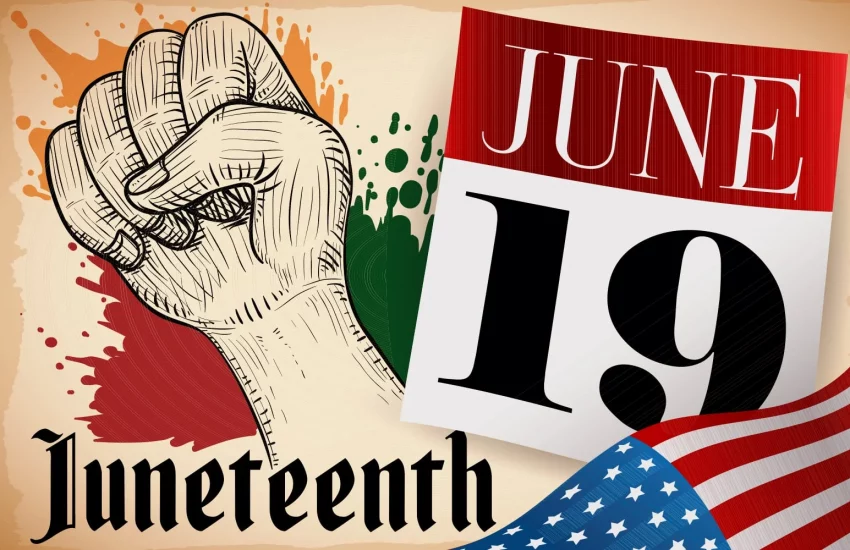 Bandeira do Juneteenth e pessoas comemorando o feriado americano da liberdade nos EUA