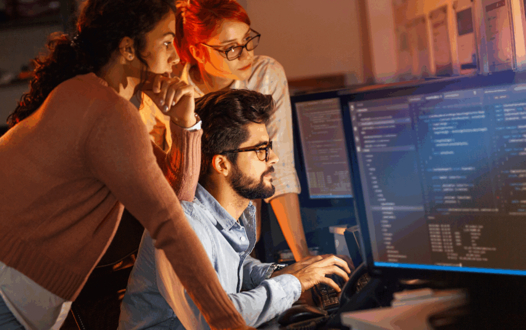 Morar-Eua-SG-Global-Group-quanto-ganha-profissional-ti-nos-eua-equipe-tecnologia-trabalho

Equipe de profissionais de TI analisando dados em um computador, representando o mercado de tecnologia e salários nos EUA.